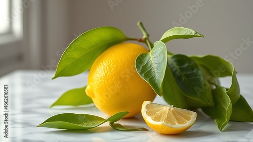 Wallpaper Mural Fresh lemon with green leaves on marble, bathed in natural light for a bright aesthetic. Torontodigital.ca