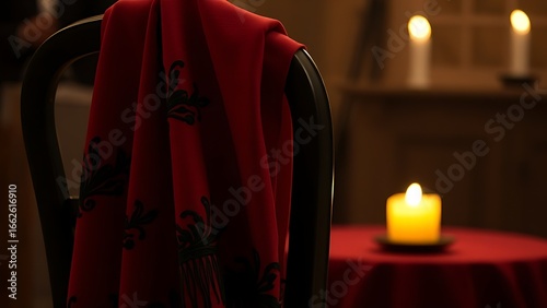 Wallpaper Mural Flamenco shawl draped over a chair, red fabric with black embroidery in soft candlelight glow. Torontodigital.ca