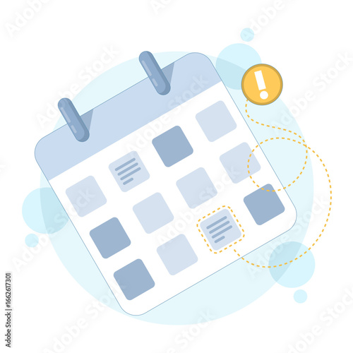 Flat vector illustration of calendar with deadline or event reminder alert. Concept of schedule management, important date notification, planning, and time organization.