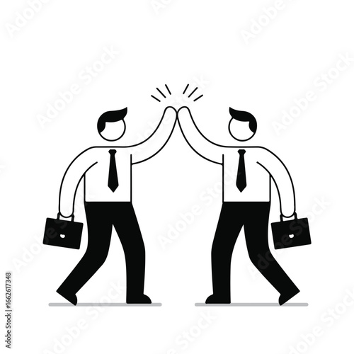 A vibrant 2D flat vector illustration showing two minimalist employees high-fiving in celebration of a successful project, rendered with clean lines and solid colors on a white background.