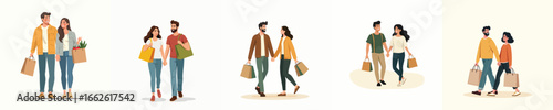 Young People Shopping with Bags Flat Vector Illustration