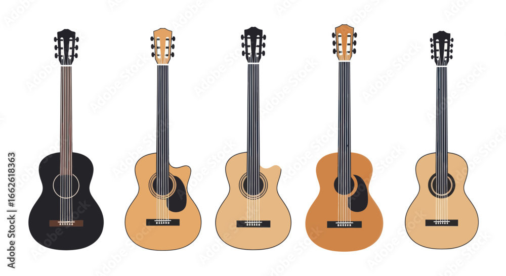 Obraz premium Five acoustic guitars in a row, each with a different color and style.