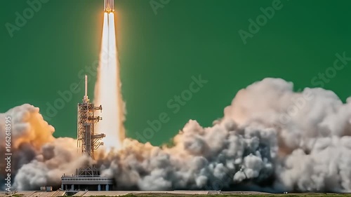 Rocket launching into sky with smoke and green screen background