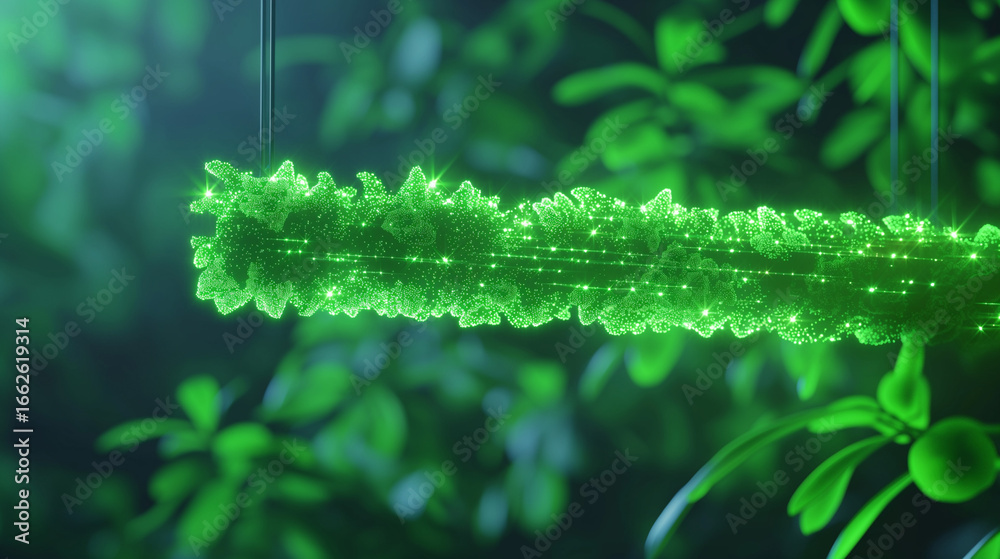Naklejka premium Glowing green object surrounded by lush foliage. A digital representation of nature’s vibrant energy. Ideal for futuristic or eco-related designs.