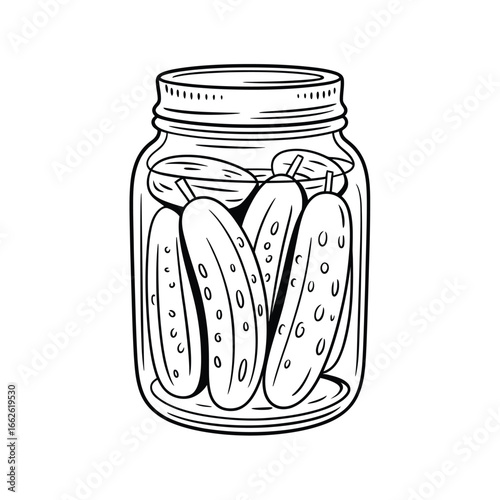 Hand drawn illustration of a glass jar filled with pickles