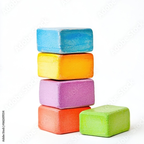 Colorful wooden blocks stacked vertically, with one block offset horizontally to the right, against a white background
