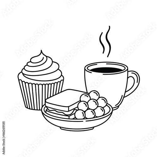 Hand drawn illustration of a cupcake coffee and breakfast food