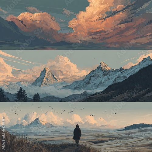 Three digital landscape paintings showcasing varied mountain and cloud scenes
