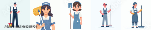 Cartoon Vector Illustration of Janitor and Cleaning Service Worker with Mop Male and Female Custodian, Housekeeping, Sanitation Staff Character