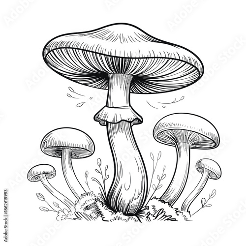 Detailed sketch of a cluster of mushrooms in a forest setting