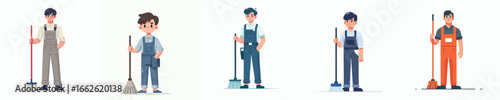 Cartoon Vector Illustration of Janitor with Mop Cleaning Service Worker Character Custodian, Housekeeping, Maintenance Staff Concept
