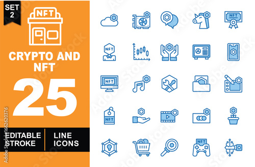 CryptoandNFT line icon set. Vector pictograms of cloud, videocard, speechbubble, unicorn, certificate, avatar, chart, hands, safe, smartphone, monitor, music, tools, box, tablet, tag. Editable stroke