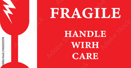 sticker fragile handle with care, red fragile warning label, fragile label with broken glass symbol, vector