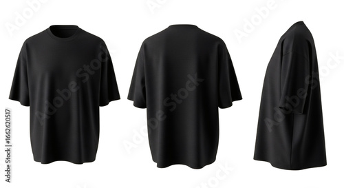 Oversized t-shirt mockup shown from front, back, and side views, isolated on a white background