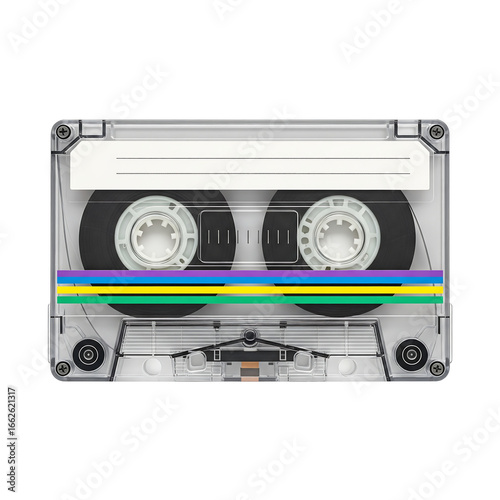 Clear audio cassette tape with colorful stripes and blank label on black isolated on a transparent background