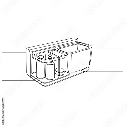 A minimalist illustration of a washbasin with compartments containing essentials.