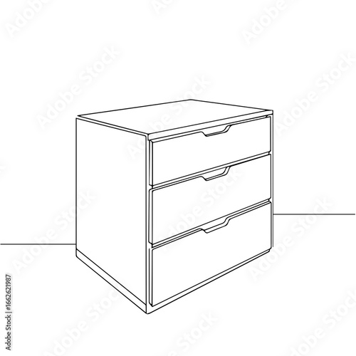 A modern minimalist line drawing of a wooden cabinet with three drawers.