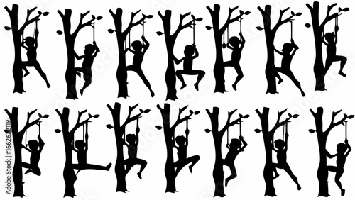 Silhouettes of children climbing trees and swinging on ropes in various playful poses outdoors scene
