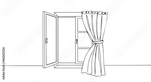 An open window with curtain. 