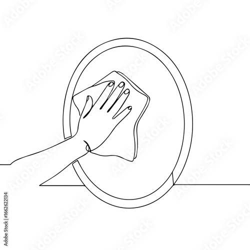 A minimalist line drawing illustrating a hand cleaning a round mirror with a cloth.