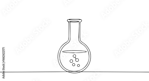 A line drawing of a laboratory flask with bubbles inside.