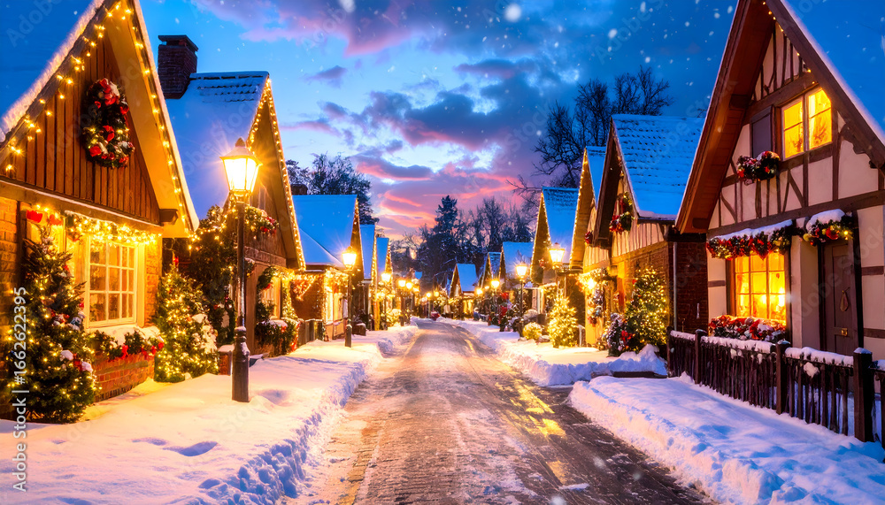 Fototapeta premium Snow-covered street lined with buildings under a twilight sky.