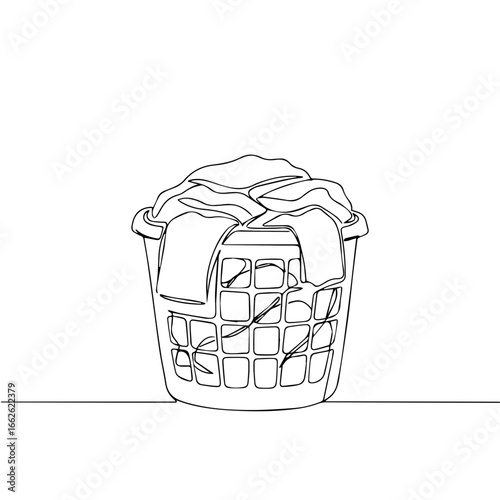 Line art illustration of a laundry basket overflowing with clothes, symbolizing household chores and domestic life.