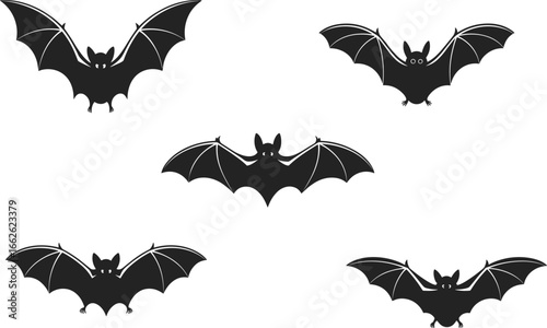 Flying bat silhouette collection, cartoon Halloween bats vector, spooky black bat clipart set, horror night creature illustration design