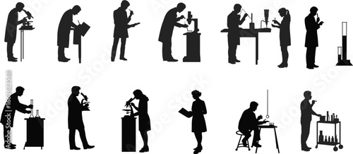 Scientist silhouette collection, lab research vector, microscope and chemistry clipart, science professional poses, black laboratory illustration set