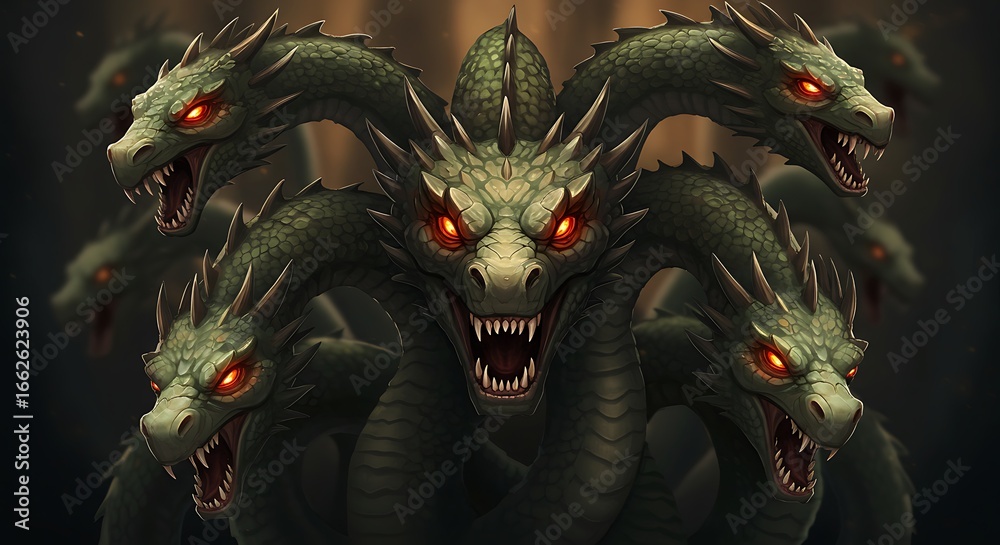Fototapeta premium Multi-headed Hydra, a mythical creature from Greek mythology, depicted in a detailed digital illustration.
