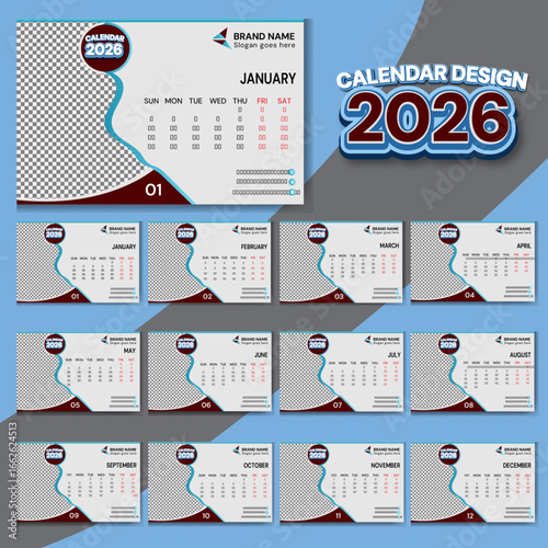 Creative, eye-catching and elegant single page wall calendar design 2026 template with brand name, logo, contact info and address