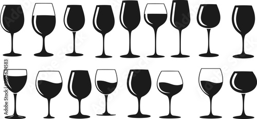 Wine glass silhouettes set, different shapes of wine glasses, vector icons, wine tasting elements, black and white style design.