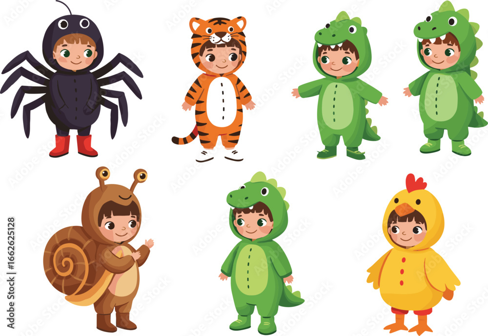 Naklejka premium Cute children wearing animal costumes, funny kids dressed as tiger, dinosaur, chicken, snail, spider, cartoon character vector illustration for festival, party design
