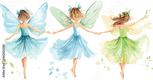Three whimsical watercolor fairies with delicate wings dancing together in a magical forest clearing
