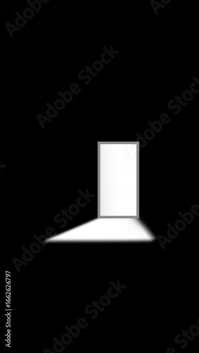 Mysterious door with three dark portals emitting light in surreal dark room, abstract spiritual concept with eerie atmosphere and shadow contrast
