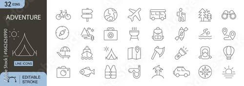 Adventure icons set. Includes hiking, camping, backpack, mountain, map, compass, tent, forest, travel, and outdoor exploration symbols. Line style, editable stroke, perfect for apps and infographics.