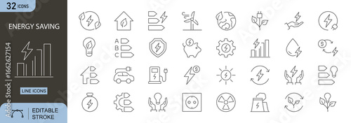 Energy saving icons set. Includes symbols for solar, wind, eco, battery, bulb, and recycle. Editable stroke line icons, perfect for infographics, apps, presentations, and web design.