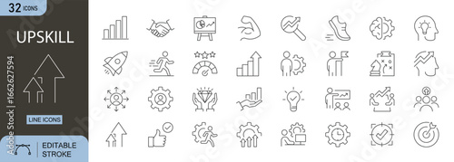 Upskill icons set. Includes icons for learning, training, growth, coaching, skills, certification, progress, knowledge, and improvement. Editable stroke, line icons. Perfect for infographics and apps.