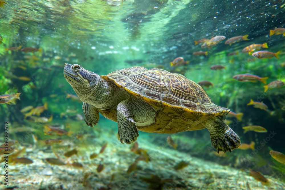 Obraz premium A turtle swims underwater amid fish and foliage viewed from below
