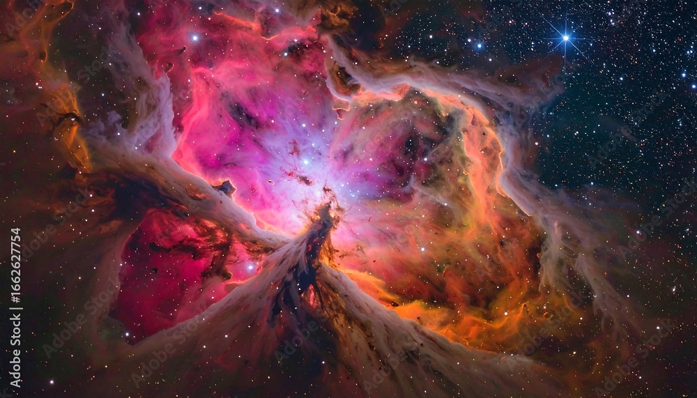 Naklejka premium A vibrant nebula, swirling with hues of pink, red, and orange, scattered amongst a backdrop of stars