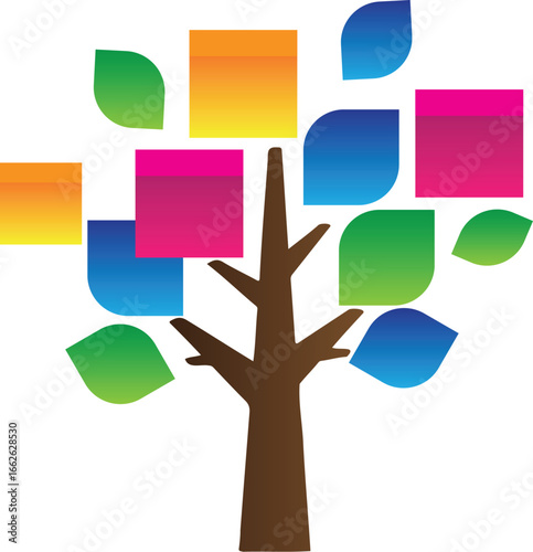 Abstract Tree with Colorful Sticky Notes Representing Growth and Ideas