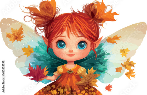 Cute autumn fairy with red hair and orange dress holding maple leaves