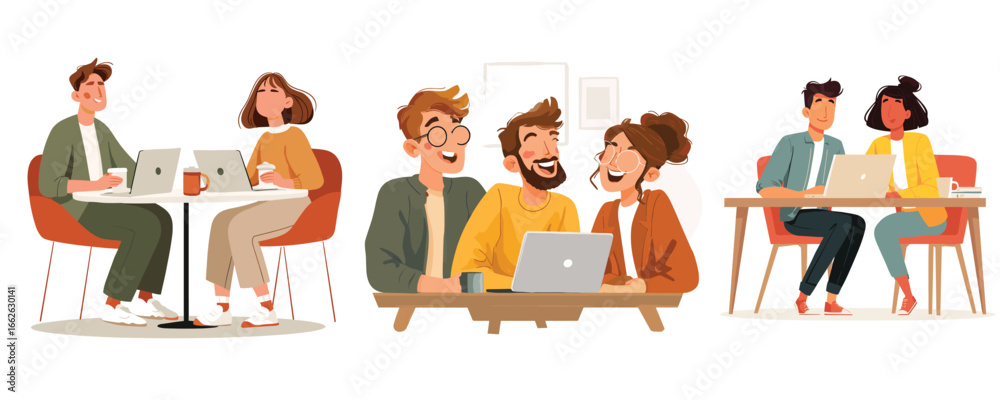Obraz premium set of cafe meeting illustration with people talking for teamwork collaboration and lifestyle design