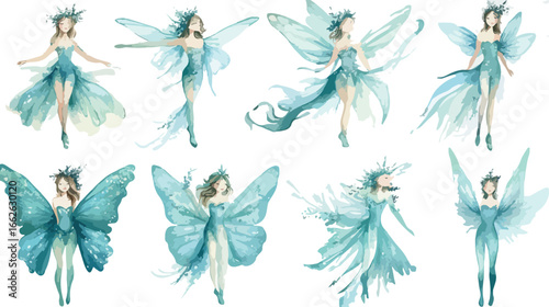 Collection of eight ethereal watercolor fairies with delicate wings in various poses and flowing dresses
