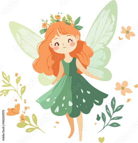 Whimsical watercolor illustration of a cute red haired fairy with delicate wings and a green dress surrounded by foliage