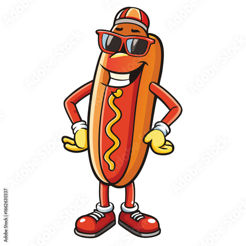 An illustration of a smiling hotdog mascot, isolated on a white background.