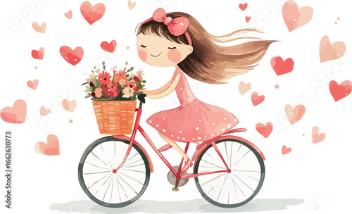 Whimsical watercolor illustration of a happy girl riding a bicycle with a basket of flowers and hearts