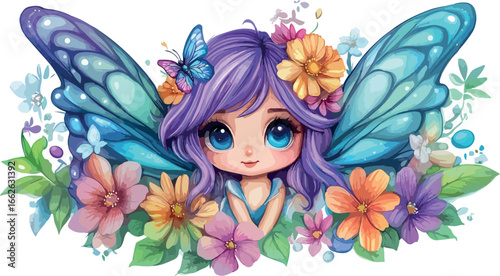 Enchanting anime fairy with large blue eyes and purple hair surrounded by colorful flowers