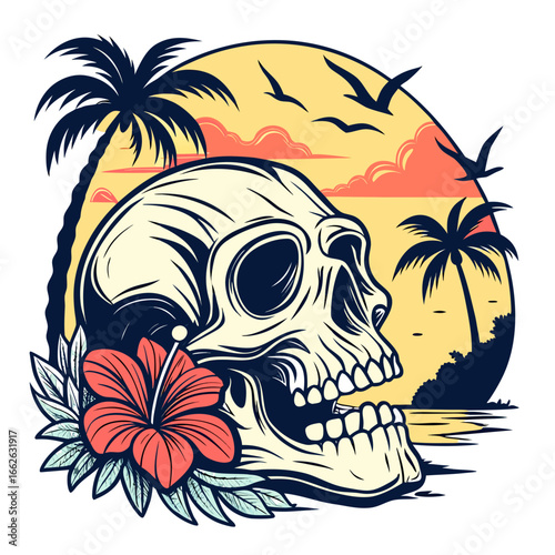 Pirate skull with palm tree on tropical beach illustration