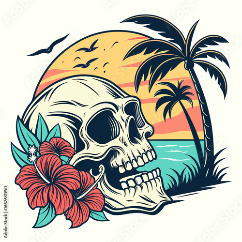 Pirate skull with palm tree on tropical beach illustration